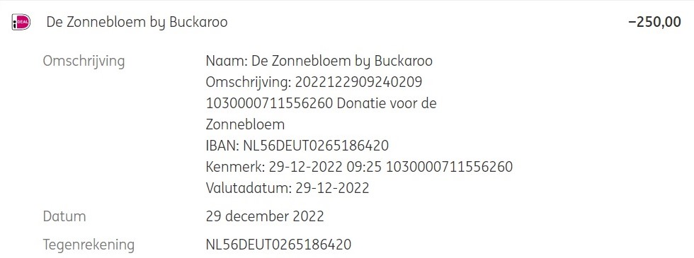 29-12-2022 De Zonnebloem gesponsord voor <strong>€ 250,00</strong>